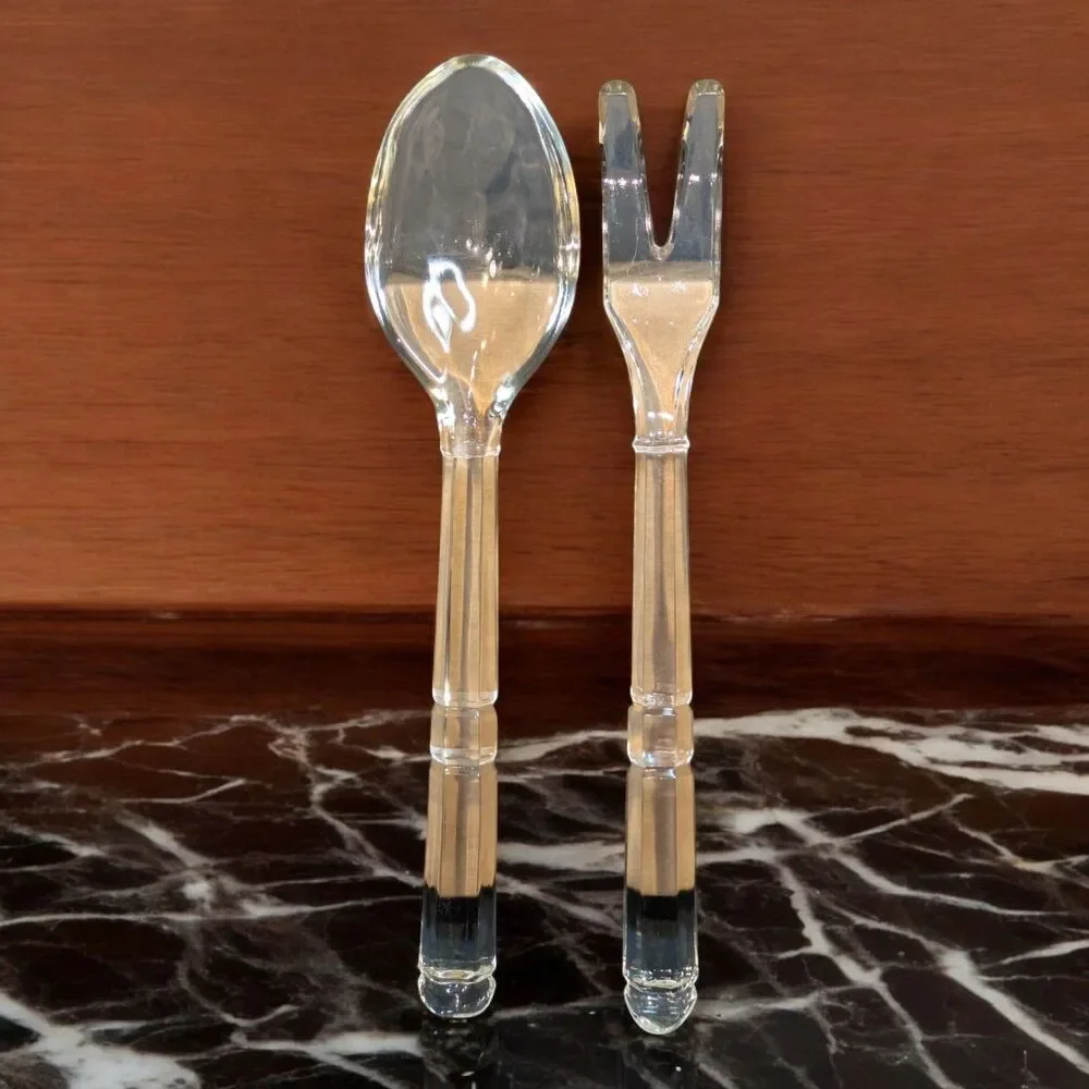 Vintage Glass Salad Serving Set Utensils 10